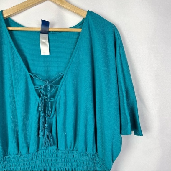 Swimsuits For All Teal Blue Lace Up Short Sleeve Smocked Waist Swim Cover Up 22 - Picture 3 of 4